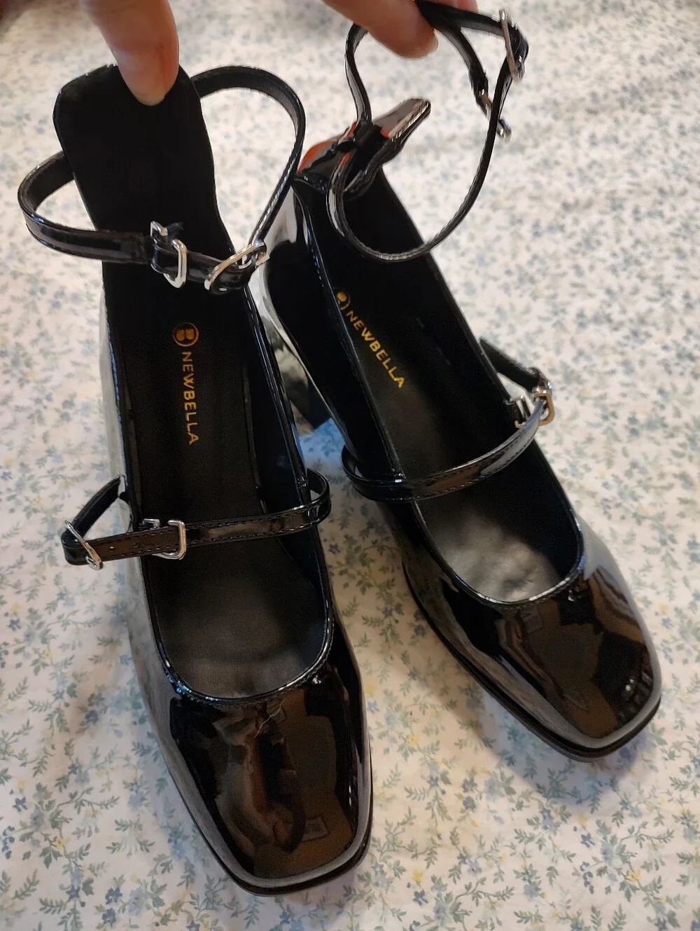 Newbella Women's Black Vegan Patent Leather Mary Jane Ankle Strap Heels 6